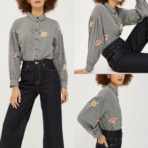 Topshop CLEARANCE Houndstooth Floral Embroidered Drop Shoulder Button Down Shirt